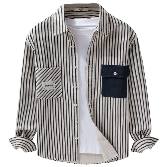 Herren Gestreiftes Overshirt mit Kontrast-Brusttaschen und Kentkragen aus Baumwollmix Nord Taschen