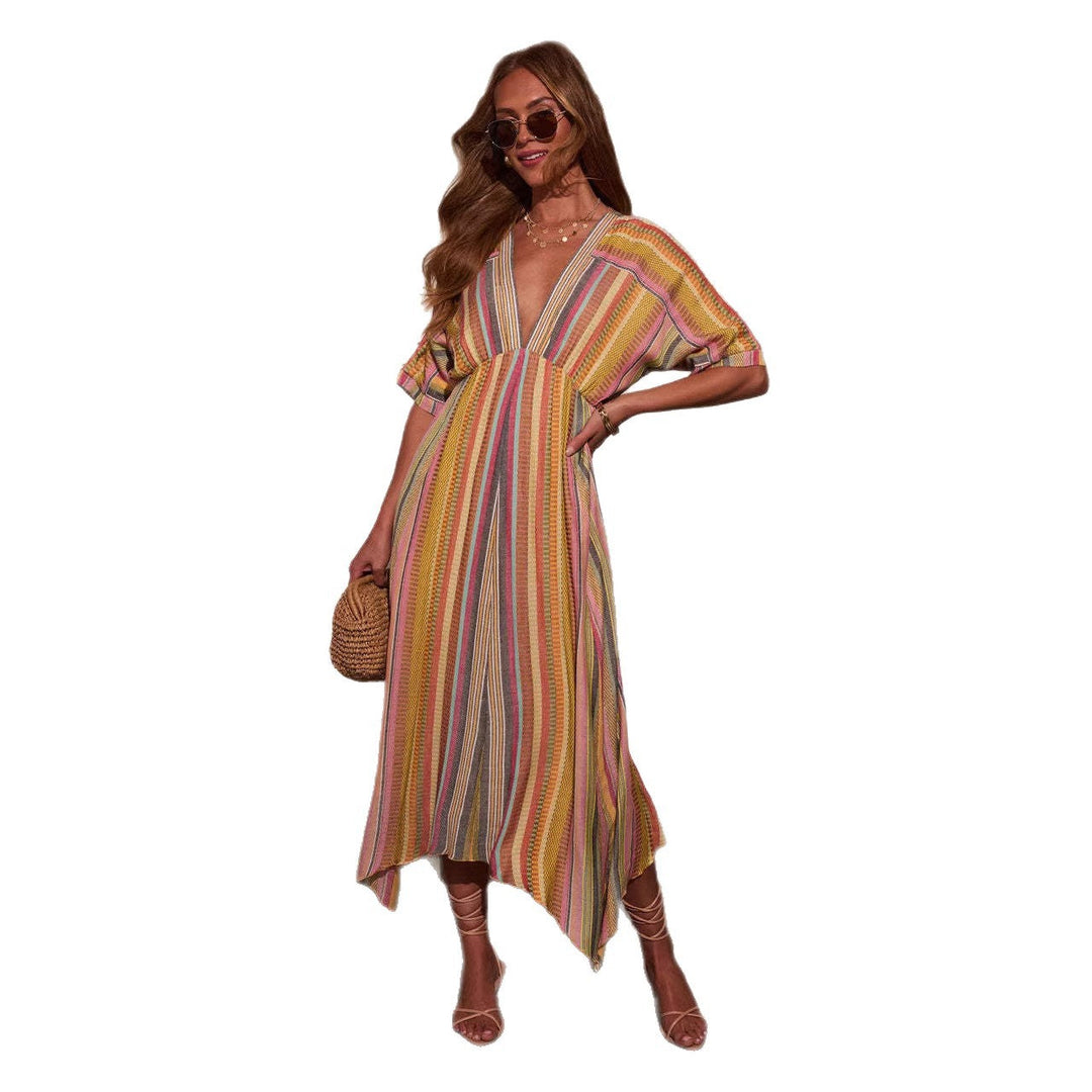 Damen Maxikleid mit tiefem V-Ausschnitt und schwingendem Rock