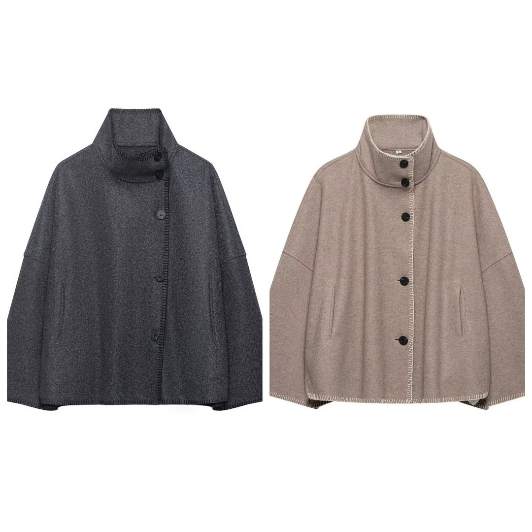 Damen Wollmix-Cape mit hohem Stehkragen, dekorativer Ziernaht und Knopfleiste Nord Taschen