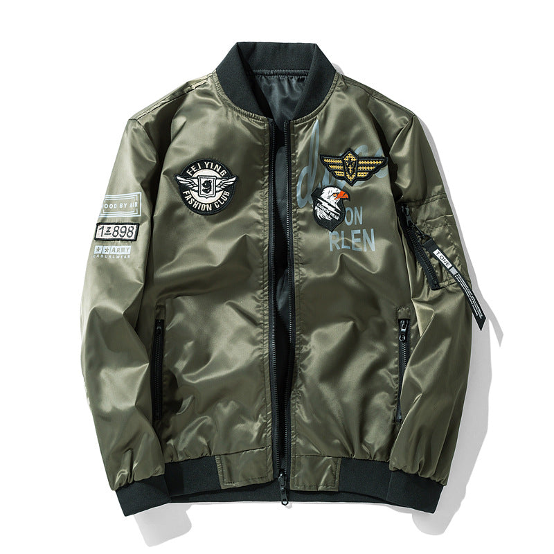 Men's  satin aviator patch bomber jacket with embroidered badges zip sleeve pocket and ribbed trims Nord Taschen