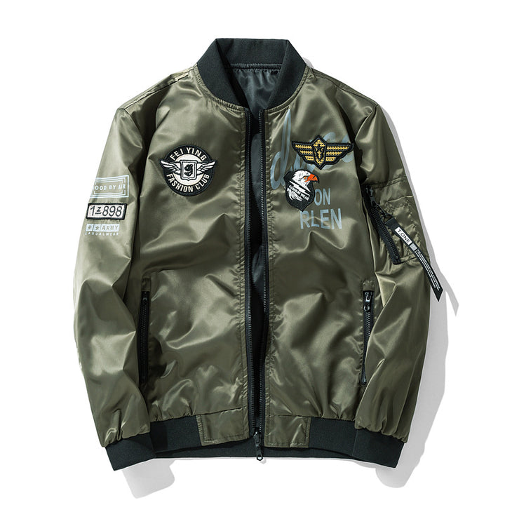 Men's  satin aviator patch bomber jacket with embroidered badges zip sleeve pocket and ribbed trims Nord Taschen