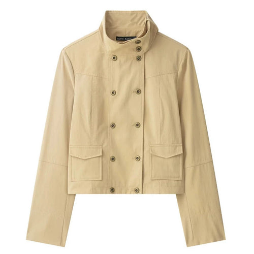 Damen Cropped Doppelreihige Kurzjacke im Blousonstil mit Stehkragen und Pattentaschen Nord Taschen