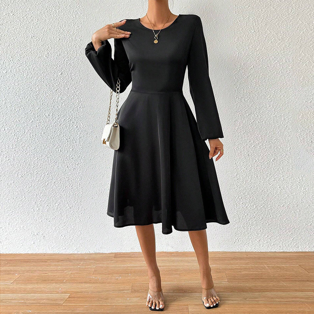 Damen elegantes Midikleid mit taillierter Korsagenoptik ausgestelltem A-Linien-Rock und langen ausgestellten Ärmeln Nord Taschen