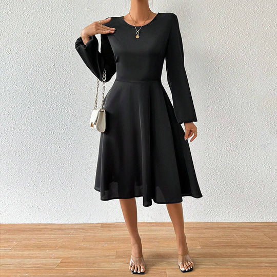 Damen elegantes Midikleid mit taillierter Korsagenoptik ausgestelltem A-Linien-Rock und langen ausgestellten Ärmeln Nord Taschen