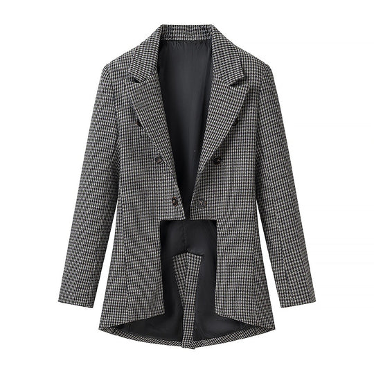 Damen Gehrock‑inspirierter Hahnentritt‑Blazer mit Cutaway‑Saum und doppelreihiger Knopfleiste Nord Taschen