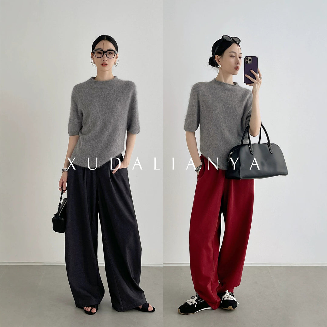 Damen Kuscheliger Mohair-Mix Kurzarm-Pullover mit Stehkragen Nord Taschen