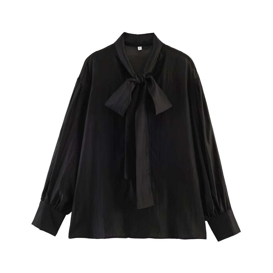 Damen Schluppenbluse aus glänzendem Satin mit voluminösen Ballonärmeln Nord Taschen