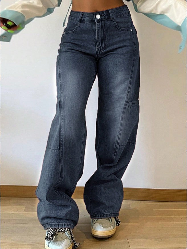 Damen High-Waist weite Cargo-Denimhose mit Nahtpaneelen und Baggy-Silhouette Nord Taschen