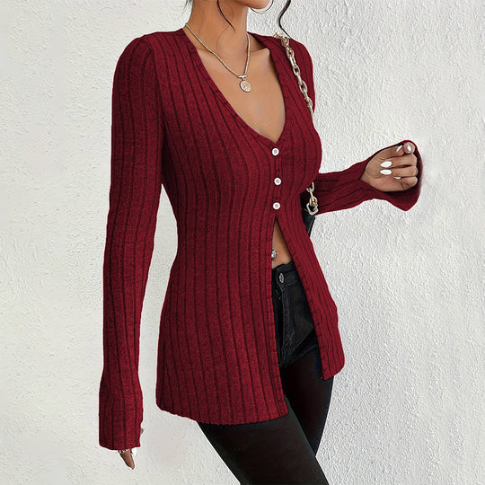 Damen gerippter V-Ausschnitt-Cardigan mit Knopfleiste taillierter Longline-Silhouette Nord Taschen
