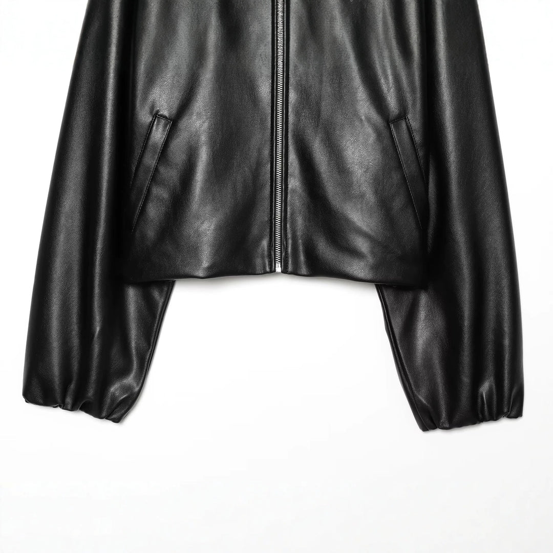 Damen Gekürzte Kunstlederjacke mit Stehkragen und Reißverschluss Nord Taschen