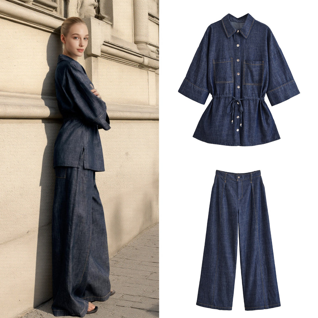 Damen Weite High-Waist Denim-Hose mit Bügelfalte und weitem Bein Nord Taschen