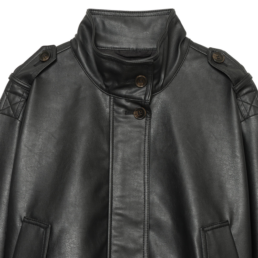 Damen Cropped Kunstleder-Fieldjacke mit hohem Stehkragen, Schulterriegeln und elastischem Saum Nord Taschen