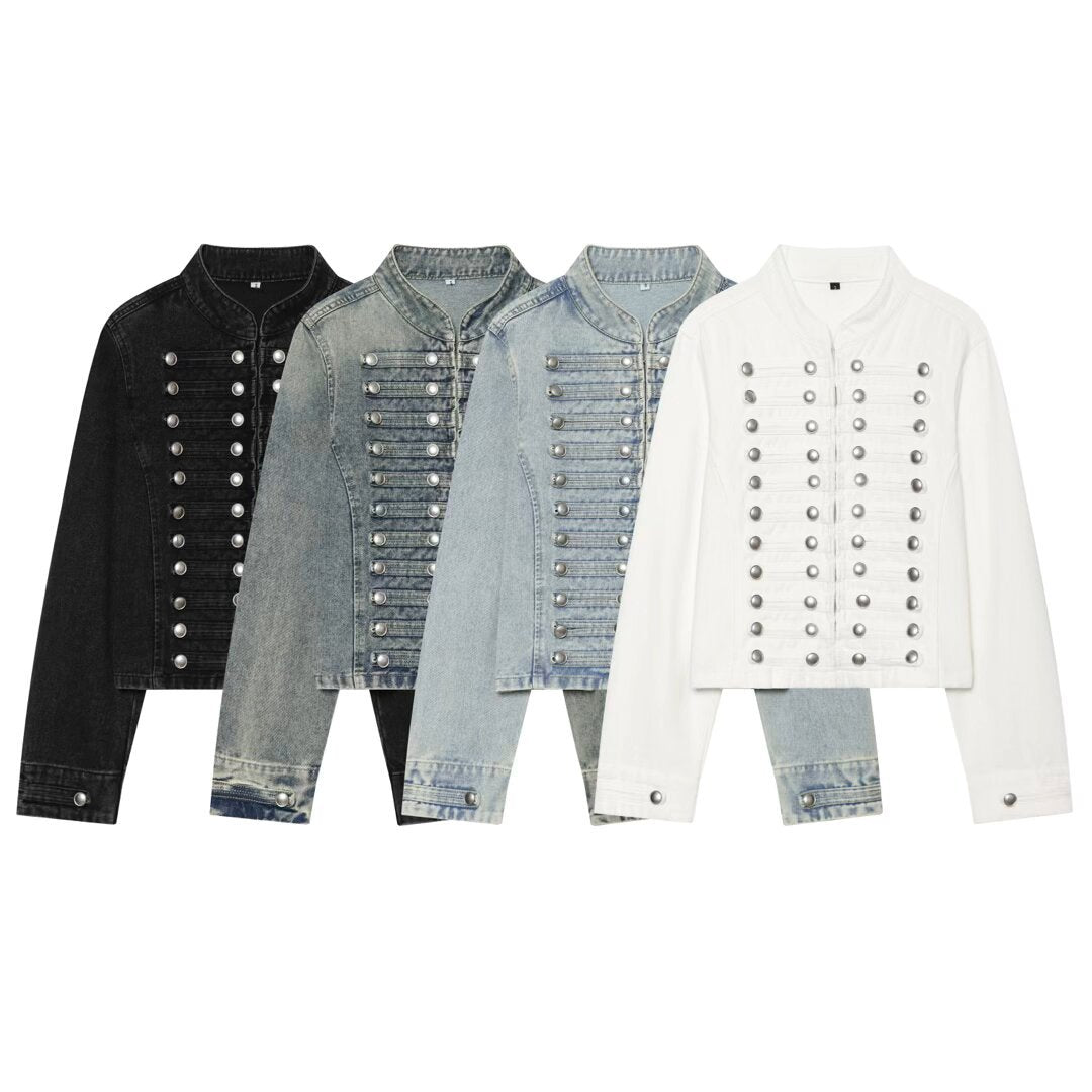 Damen Cropped Denim‑Blouson im Frackstil mit dekorativen Reihenknöpfen Nord Taschen