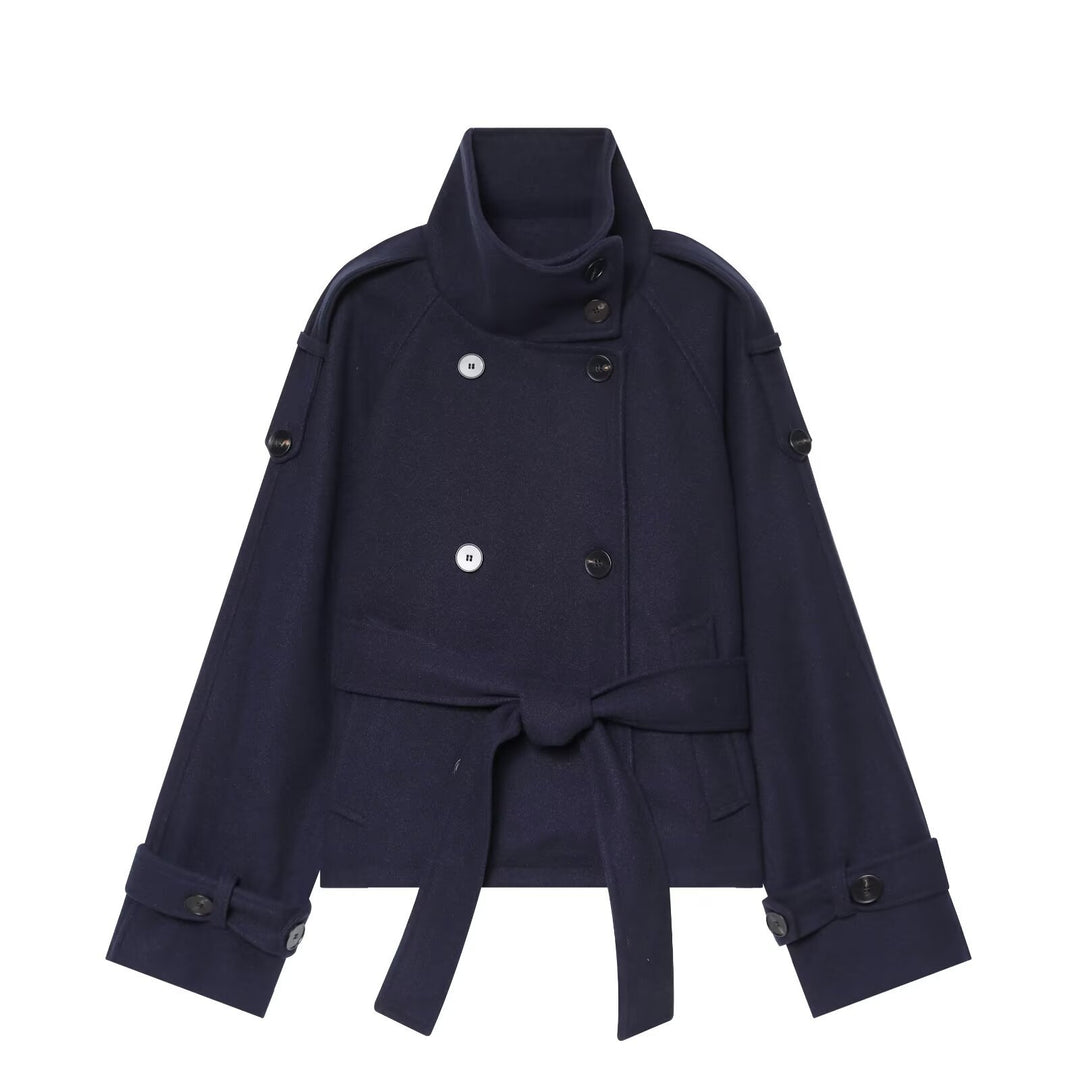 Damen Kurzer zweireihiger Cape-Mantel aus Wolle mit Stehkragen Schulterklappen und Bindegürtel Nord Taschen