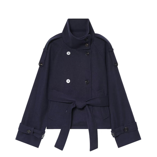 Damen Kurzer zweireihiger Cape-Mantel aus Wolle mit Stehkragen Schulterklappen und Bindegürtel Nord Taschen
