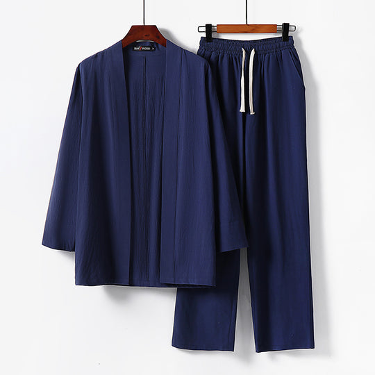 Herren Lockeres Kimono-Loungewear-Set aus leichter Baumwollmischung mit elastischer Kordelhose Nord Taschen