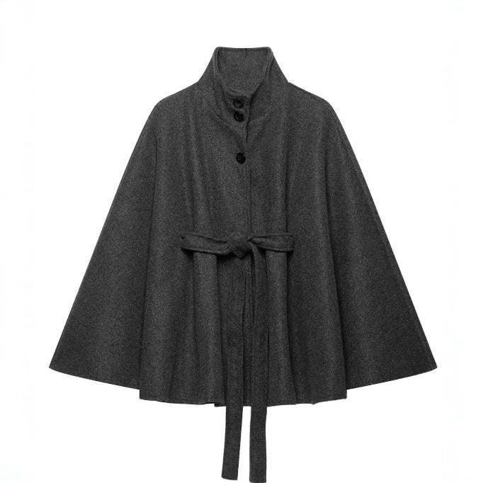 Damen Kurzcape aus Wollmix mit hohem Stehkragen und Bindegürtel Nord Taschen