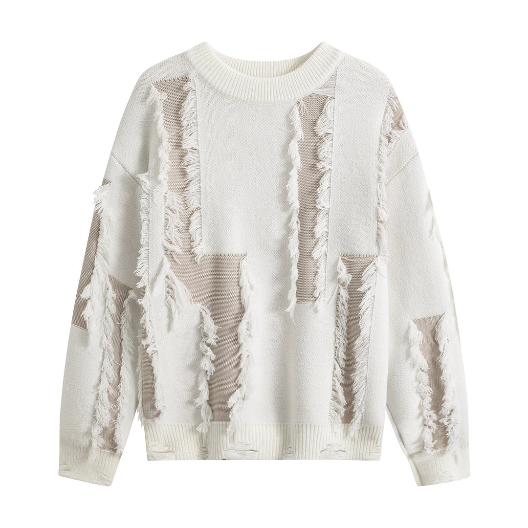 Damen Oversize Strickpullover mit Fransenapplikationen und Destroy-Look Nord Taschen