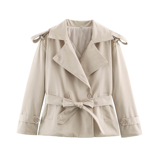 Damen Taillierte Kurz-Trenchjacke mit Bindegürtel und Schulterpatten Nord Taschen