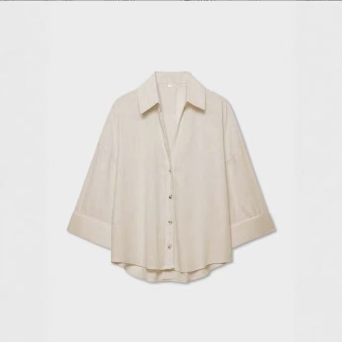 Damen Leichte Oversize Leinenoptik Bluse mit Dreiviertelärmeln und durchgehender Knopfleiste Nord Taschen