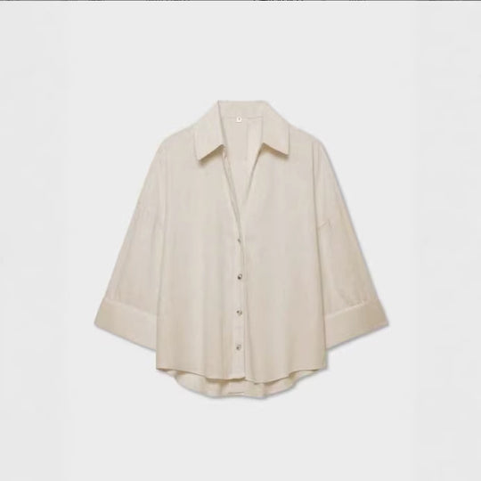 Damen Leichte Oversize Leinenoptik Bluse mit Dreiviertelärmeln und durchgehender Knopfleiste Nord Taschen