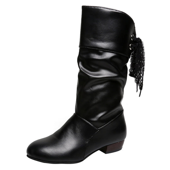 Damen  knielange Stiefel mit rückseitiger Schnürschleife, gerafftem Schaft und flachem Blockabsatz Nord Taschen