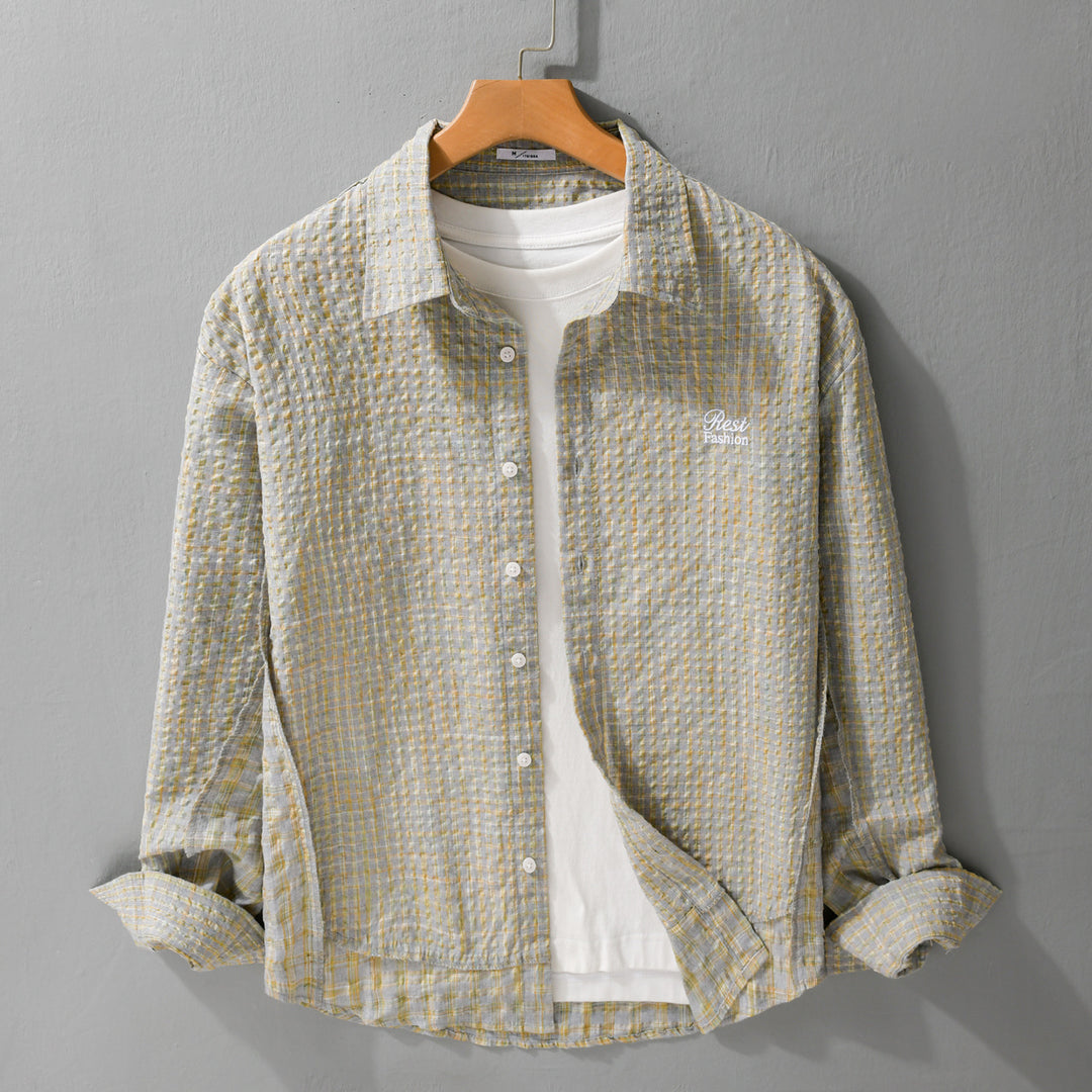 Damen Relaxed-Fit Crinkle-Hemdjacke mit feiner Gingham‑Webstruktur und dezenter Bruststickerei Nord Taschen