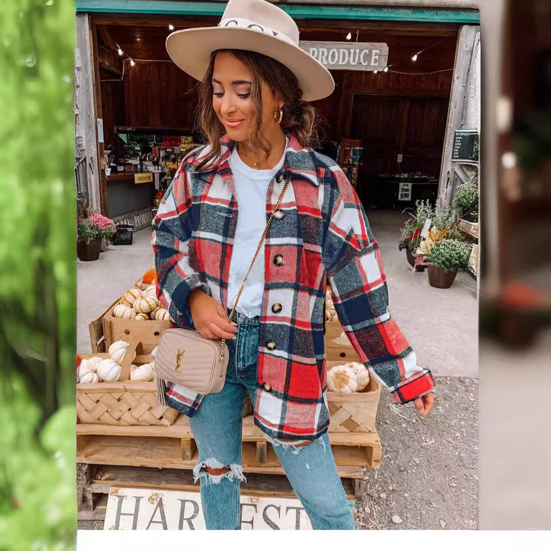 Damen Oversized Kariertes Flanell‑Shacket mit Brusttaschen und Holzknöpfen Nord Taschen