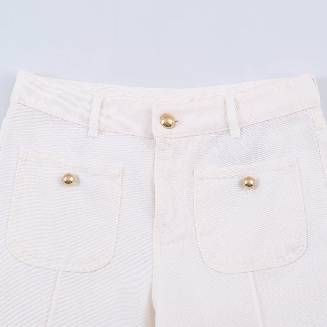 Damen weite Jeanshose mit hoher Taille, Bügelfalte und aufgesetzten Taschen Nord Taschen