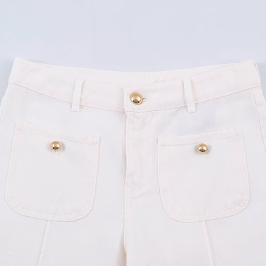 Damen weite Jeanshose mit hoher Taille, Bügelfalte und aufgesetzten Taschen Nord Taschen
