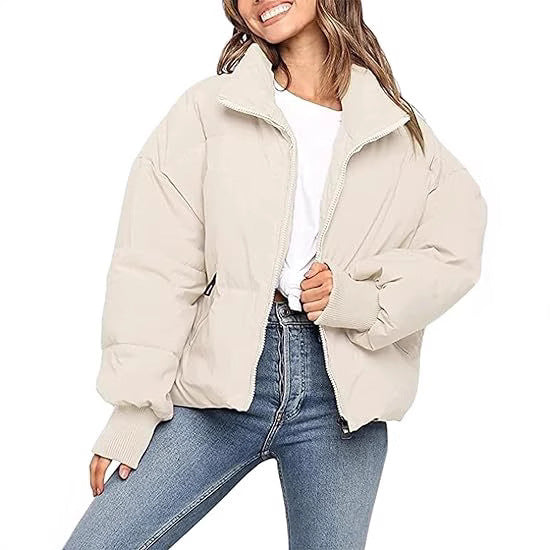 Damen Kurz geschnittene Stepp-Winterjacke mit Stehkragen, Reißverschluss und Rippbündchen Nord Taschen