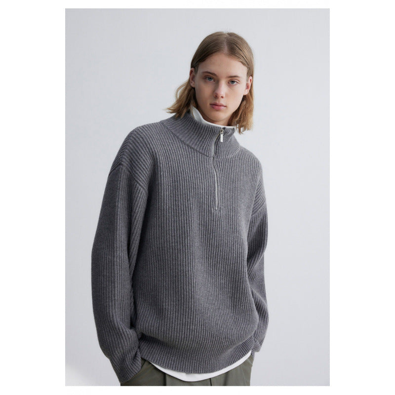 Herren Oversized-Rippenstrick Halbzip-Pullover mit Stehkragen Nord Taschen