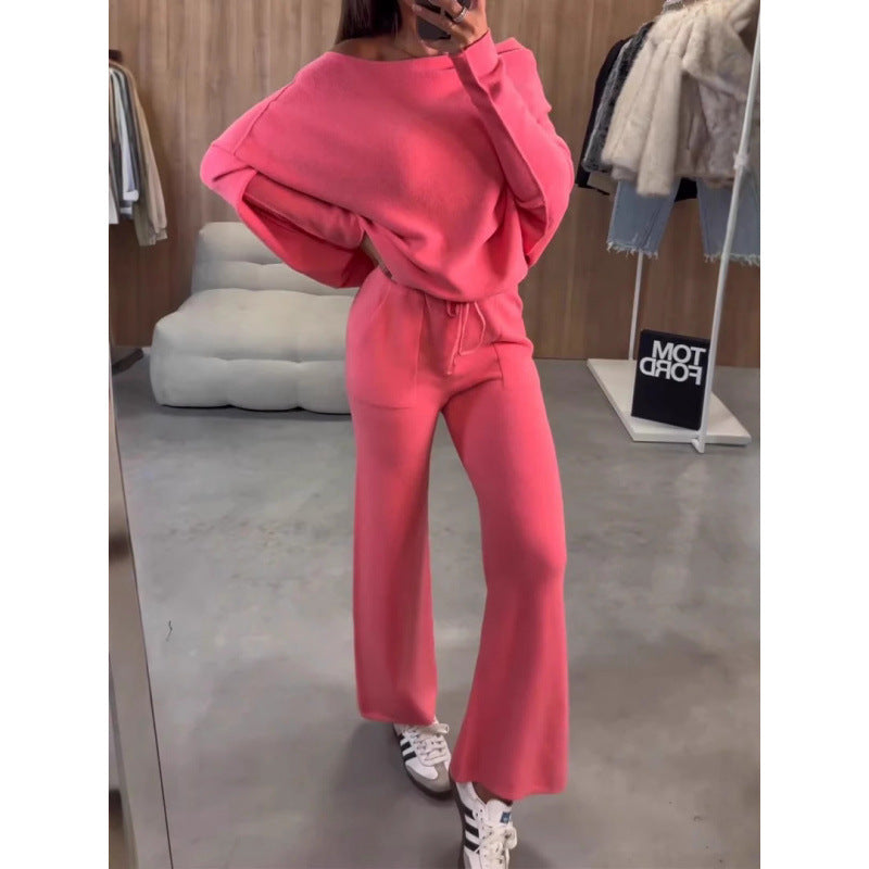 Damen Strick-Loungewear-Set mit Oversize-Schulter, weitem Bein und Kordelzug Nord Taschen