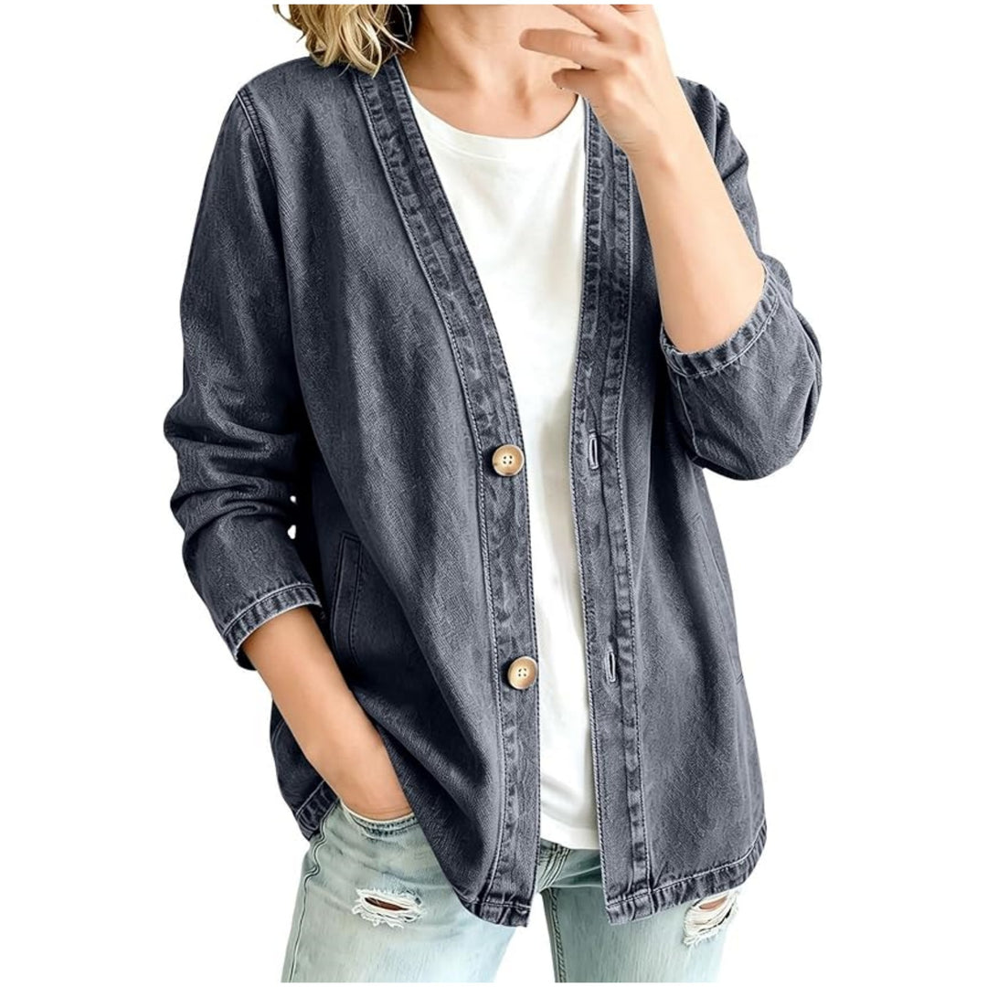 Damen Oversize Jeansjacke im Kimono-Stil mit Holzknöpfen Nord Taschen