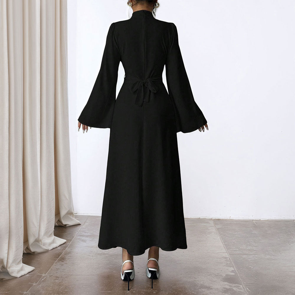 Damen elegantes Maxikleid mit Stehkragen, geraffter Taillenpartie und ausgestelltem A‑Linien‑Rock Nord Taschen