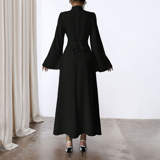 Damen elegantes Maxikleid mit Stehkragen, geraffter Taillenpartie und ausgestelltem A‑Linien‑Rock Nord Taschen