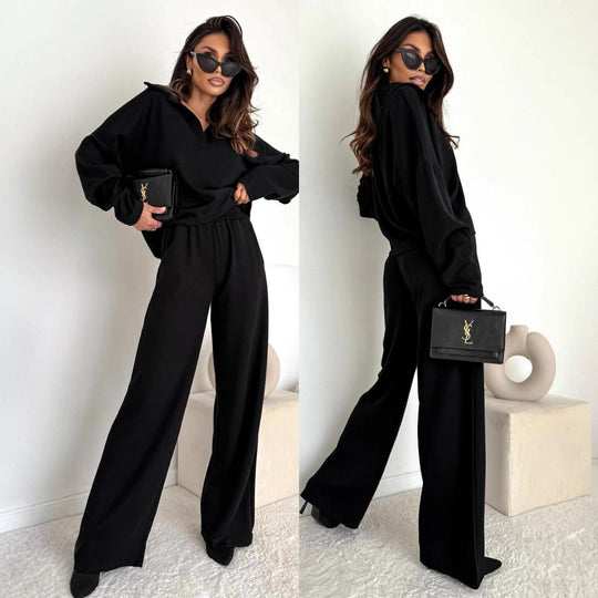 Damen Loungewear-Zweiteiler mit Hemdkragen-Cropped-Sweatshirt und weiter Palazzo-Hose Nord Taschen