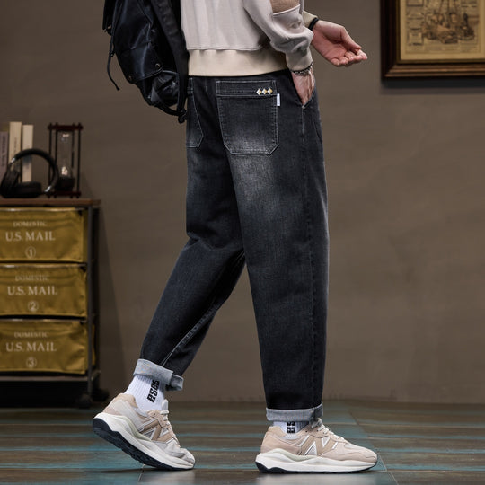 Herren Weite gerade geschnittene Denim-Jeans mit Used‑Wash und Umschlagbund Nord Taschen