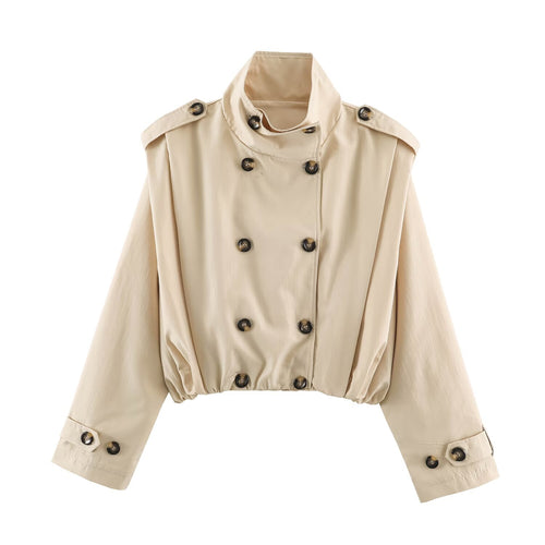 Damen Cropped-Trenchjacke im Blousonstil mit Stehkragen und doppelreihiger Knopfleiste Nord Taschen