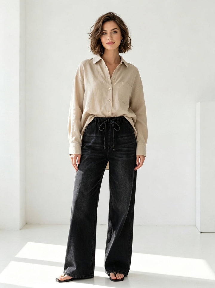 Damen Relaxed-Fit Denim-Hose mit elastischem Tunnelzugbund, dezentem Used-Effekt und weitem Bein Nord Taschen