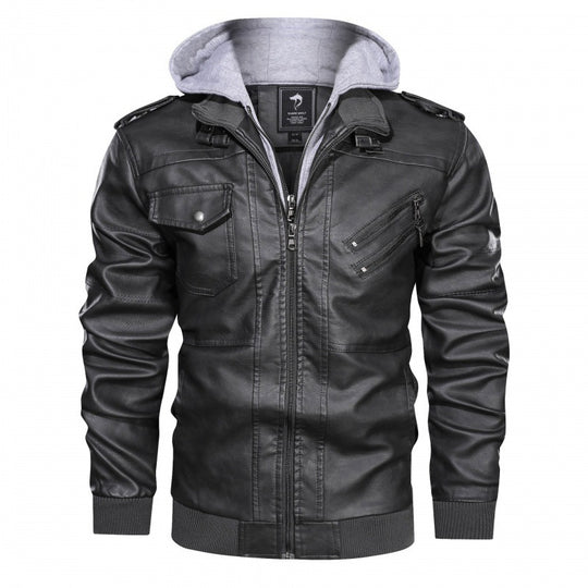 Herren Strapazierfähige Lederjacke mit abnehmbarer Kapuze Nord Taschen