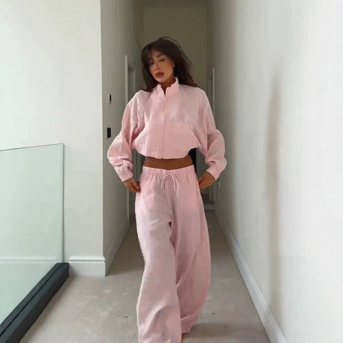 Damen Lässiges Satin-Trackset mit kurzem Reißverschluss-Top & weitem Tunnelzug-Hose Nord Taschen