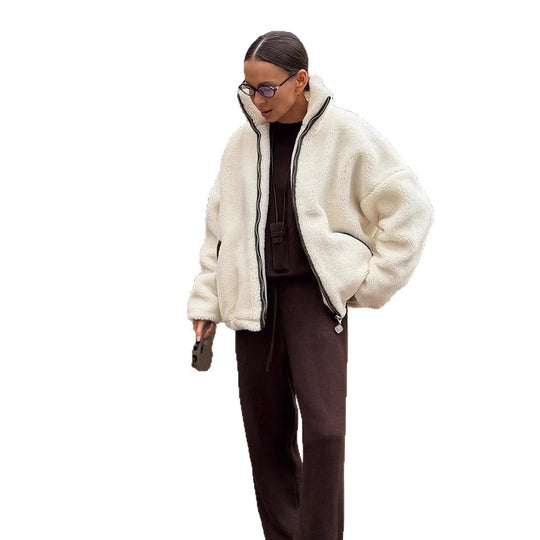 Damen Teddy-Fleece Oversize-Jacke mit hohem Stehkragen, kontrastierter Reißverschlussleiste und Eingrifftaschen Nord Taschen