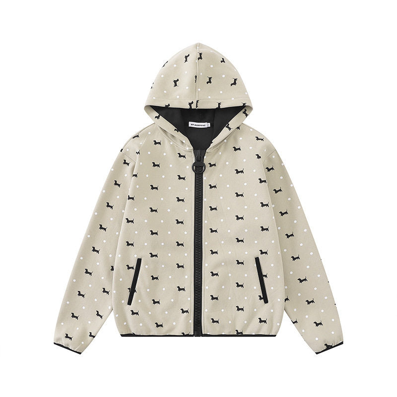 Damen Leichte Kapuzen-Zipjacke mit Hundesilhouette und Tupfen-Allover Nord Taschen