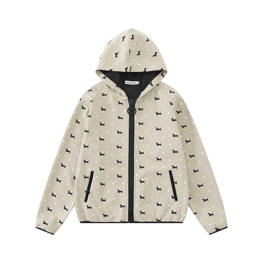Damen Leichte Kapuzen-Zipjacke mit Hundesilhouette und Tupfen-Allover Nord Taschen
