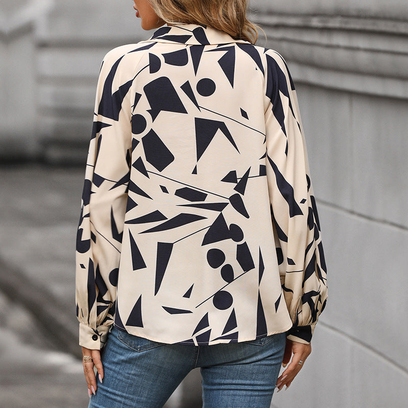 Damen Viskose-Bluse mit abstraktem Grafikprint, V-Ausschnitt & Ballonärmeln Nord Taschen