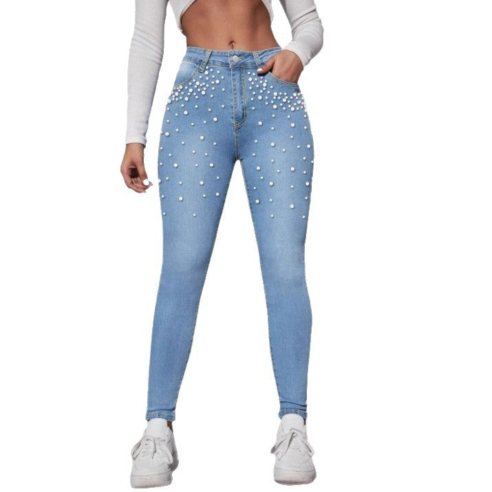 Damen High‑Waist Skinny-Jeans mit dekorativem Perlen-Cluster und Sculpting-Schnitt Nord Taschen