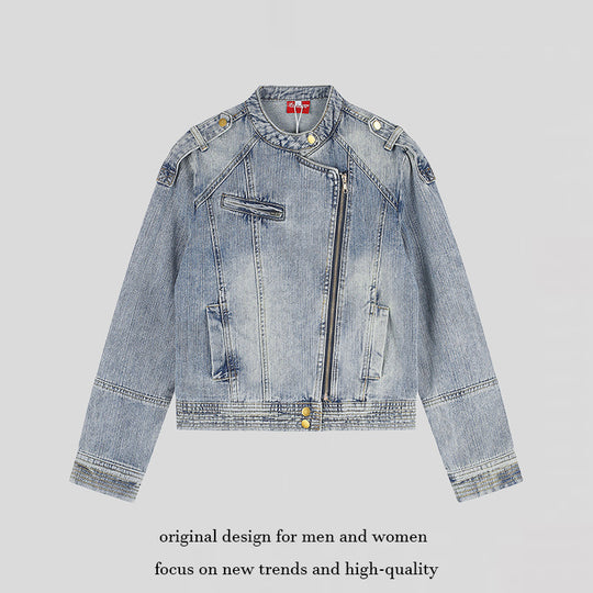 Damen asymmetrische Jeansjacke im Bikerstil mit Stehkragen und diagonalem Reißverschluss Nord Taschen