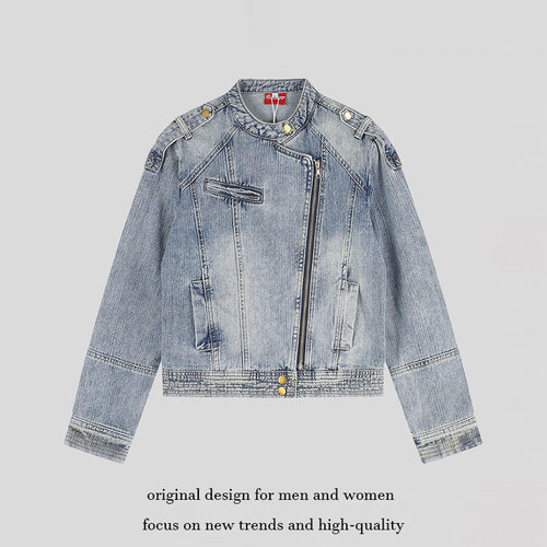 Damen asymmetrische Jeansjacke im Bikerstil mit Stehkragen und diagonalem Reißverschluss Nord Taschen