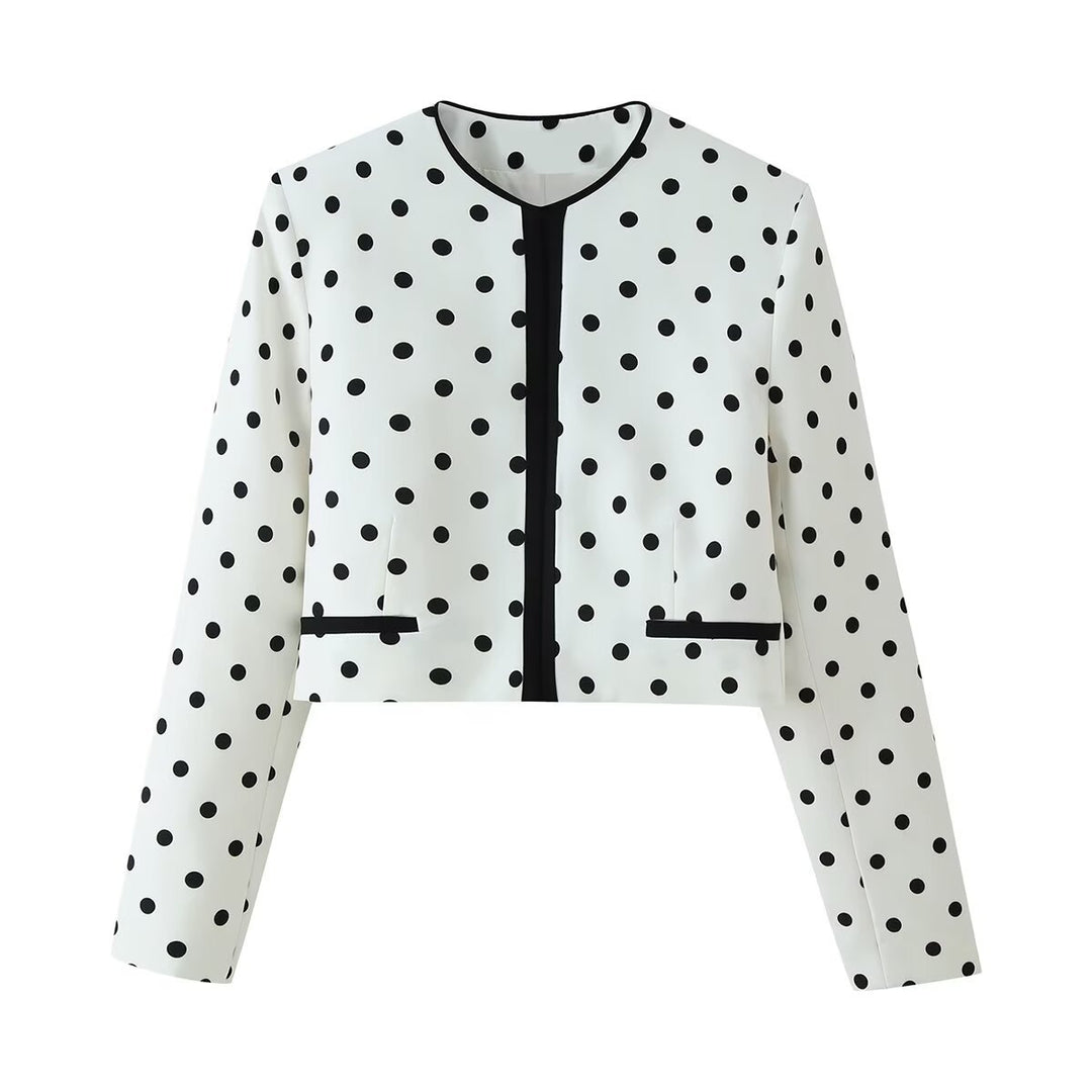 Damen Kurzblazer im Polka-Dot-Design mit Rundhalsausschnitt, kurzem Schnitt und Kontrastpaspeln Nord Taschen